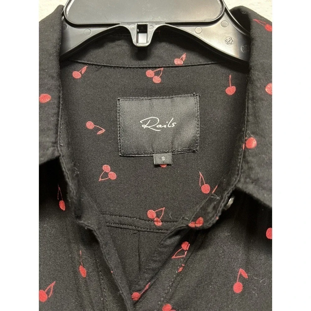 RAILS Women’s Rocsi Metallic Cherry Print Button Down Shirt Black Red Size S - Picture 3 of 11